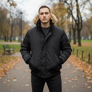 VTG Akademiks Mens Black Quilted Reversible Hooded Winter Puffer Jacket Fur Trim